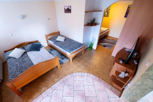 einen Blick über ein Wohnzimmer mit 2 Betten in der Unterkunft APARTMA JAKOPIČ in Zgornje Gorje