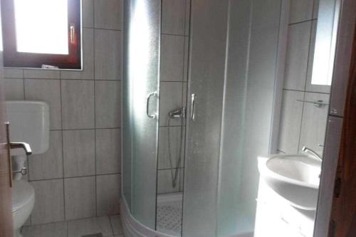 a bathroom with a shower and a toilet and a sink at Ivago Apartments Sabunike in Privlaka