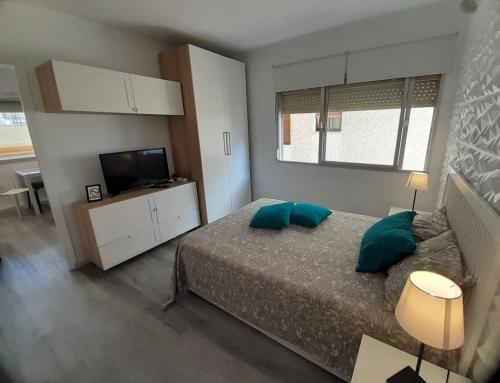 ein Schlafzimmer mit einem Bett mit blauen Kissen und einem TV in der Unterkunft Apartamento una habitación supercéntrico in Torremolinos