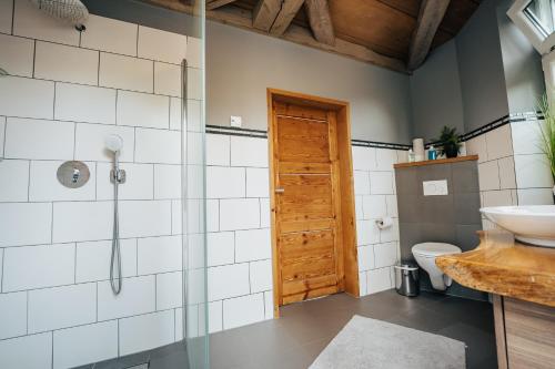 a bathroom with a shower and a sink and a toilet at Ferienhaus Getreidesilo in Schneverdingen