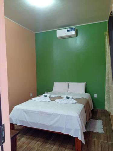 a bedroom with a large bed with a green wall at Chalé da Pousada Avalon Célia in Alto Paraíso de Goiás