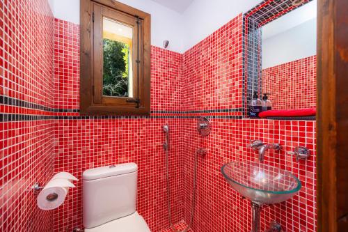 a red tiled bathroom with a toilet and a sink at Finca Can Puput in Campanet
