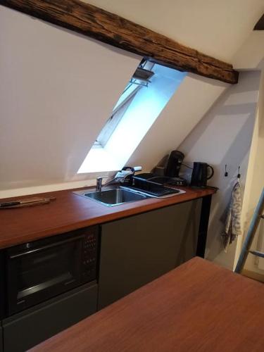 une cuisine avec un évier et un micro-ondes dans l'établissement Studio cosy dans maison alsacienne, à Gueberschwihr