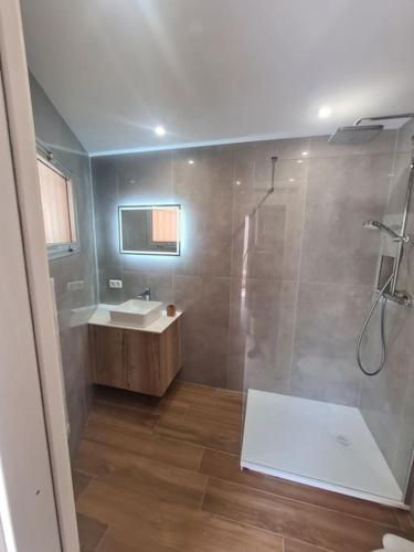 une salle de bain avec douche et lavabo dans l'établissement superbe appartement proche mer, à Menton