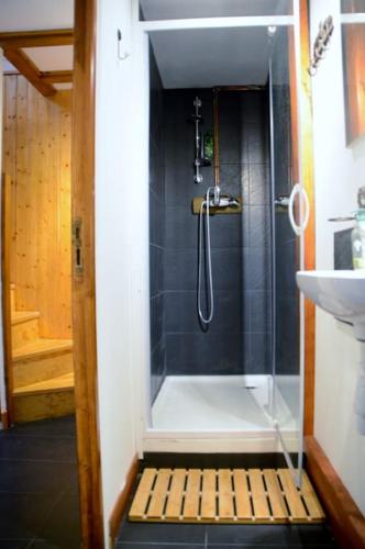 une salle de bain avec douche et lavabo dans l'établissement Chalet Bippo Pyrénées 2000 WiFi fibre, à Bolquère-Pyrénées 2000