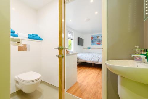 a bathroom with a toilet and a sink and a bed at Mount View Overnight Accommodation in Penzance