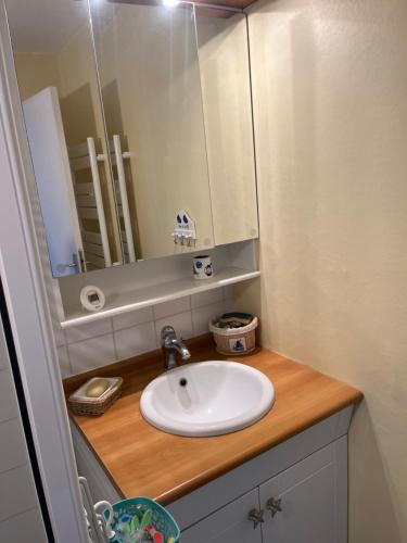 a bathroom with a sink and a mirror at La parenthèse cabourgeaise in Cabourg
