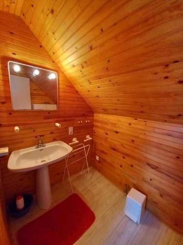 La salle de bains est pourvue d'un lavabo et d'un plafond en bois. dans l'établissement Molène, à Petit Port