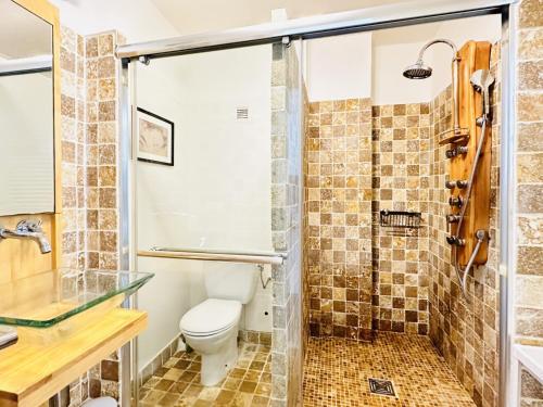 une salle de bain avec toilettes et douche dans l'établissement Le Palm Beach - Bord de mer - Cannes, à Cannes