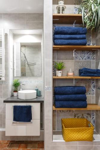 La salle de bains est pourvue d'un lavabo et de serviettes bleues. dans l'établissement Île St Louis-Bastille-3BRD-Paris 4è, à Paris