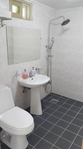a bathroom with a white toilet and a sink at Dreaming Forest Pension Seogwipo in Seogwipo