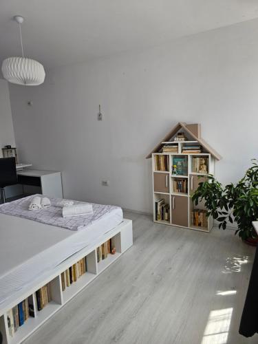 a bedroom with a bed and a book shelf at Family Vila Oravita in Oraviţa