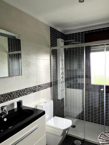 a bathroom with a toilet and a sink and a shower at Casa Playa de Bozo in Busto