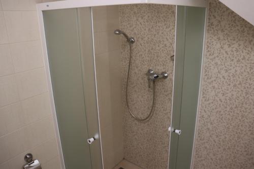 a shower with a glass door in a bathroom at Pension Florián in Pavlov