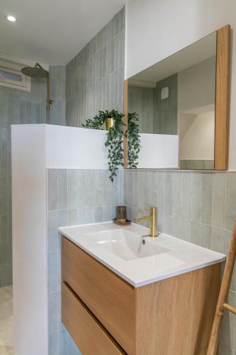une salle de bain avec un lavabo et un miroir dans l'établissement VUE 180°, superbe appartement cocooning !, à Laroque-des-Albères