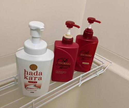 a bathroom shelf with two bottles of laundry detergent andadobeadobeadobeadobeadobe at Oiwake House 1A in Karuizawa