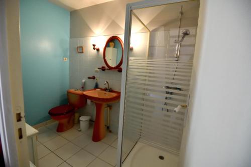 une salle de bain avec toilettes, lavabo et douche dans l'établissement Gîte du Plisseau, à Le Rigalet