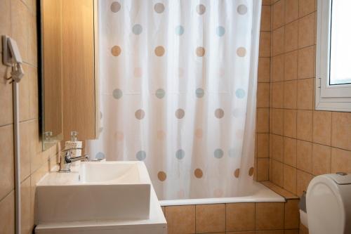 a bathroom with a shower curtain and a sink at Veloudi's Apartment 1 in Megalochori