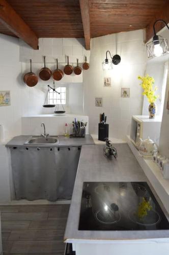 une grande cuisine avec un évier et un évier dans l'établissement Hameau Des Gardes, à Sainte-Mère-Église