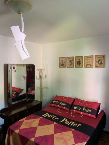 - une chambre avec un lit avec deux oreillers et un miroir dans l'établissement Aconchego do Harry Potter, à Pomerode
