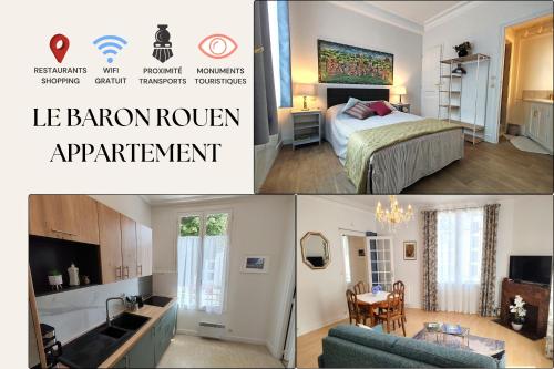 un collage de trois photos d'une chambre et d'une cuisine dans l'établissement Appartement Le Baron Cœur de Rouen - Normandie, à Rouen