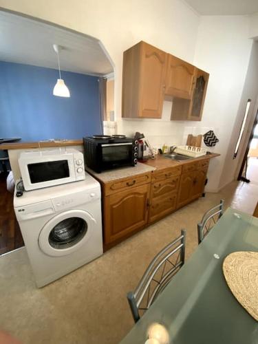 une cuisine avec un lave-linge et un micro-ondes dans l'établissement Studio Vichy, à Vichy