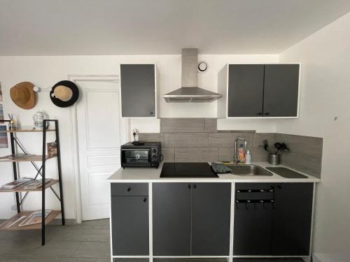 a small kitchen with a sink and a microwave at Les mouettes Apt duplex indépendant dans maison spacieux petite vue sur mer des chambres belle terrasse aménagée en hauteur près Omaha Beach et Bayeux 800 m plage et 300 m superette in Vierville-sur-Mer