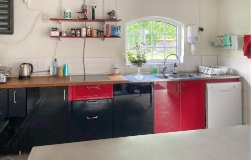 una cocina con armarios rojos y negros y fregadero en Stunning Home In Sollebrunn With Kitchen en Sollebrunn