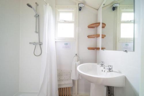 a white bathroom with a sink and a mirror at Moorhen - Exton Park in Exton