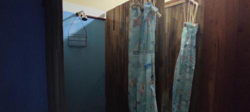 a bathroom with a shower with a curtain with fish on it at Mediterraneo Youth Hostel in Asuncion