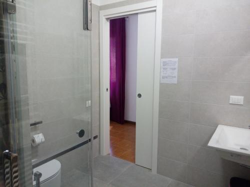a bathroom with a shower and a toilet and a sink at Albergo Alla Posta in Anduins