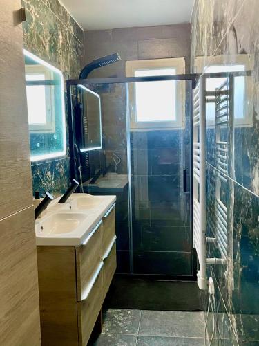 une salle de bain avec un lavabo et une douche dans l'établissement Maison JO 2024, à Villepinte