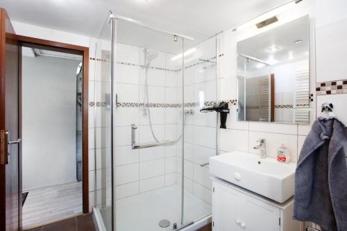 y baño con ducha y lavamanos. en Nette Hütte, en Bad Säckingen