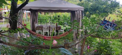 a hammock in a garden with a gazebo at Lunisi Kvareli in Kvareli