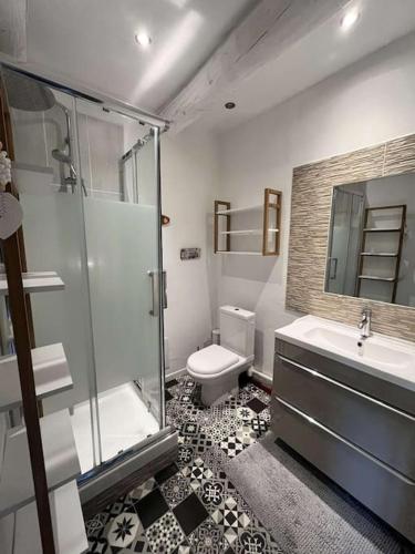 une salle de bain avec toilettes, lavabo et douche dans l'établissement Intra-muros - balcon et parking, à Aigues-Mortes