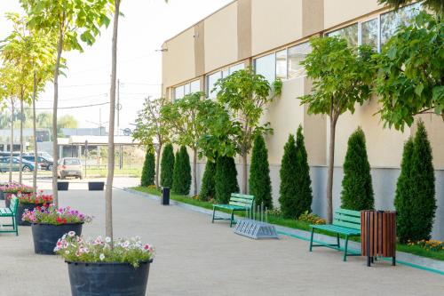 a row of benches in front of a building with trees at YMY HOTELS Târgu Jiu in Târgu Jiu