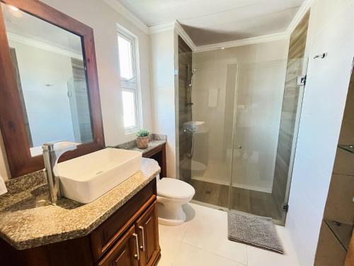 uma casa de banho com um lavatório e um chuveiro em Beauty Sol Tropical pool views apartment close to Bavaro Beach em Punta Cana