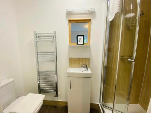 a bathroom with a toilet and a sink and a shower at Endsleigh Park in Hull