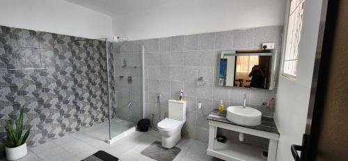 a bathroom with a shower and a toilet and a sink at Villa Salaam in Diani Beach