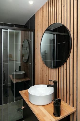 une salle de bain avec un lavabo blanc et un miroir dans l'établissement New duplex 1 minute walking from overground, à Antony