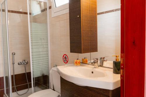 uma casa de banho com um lavatório, um chuveiro e um WC. em Apartments Vasileiou Suite 3 em Preveza
