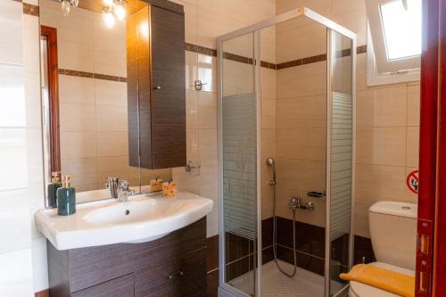 a bathroom with a sink and a shower at Apartments Vasileiou Suite 4 in Preveza