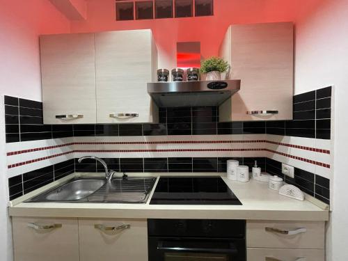 a kitchen with a sink and a stove at Alloggio Turistico San Valentino 5,8 in Poggio Mirteto