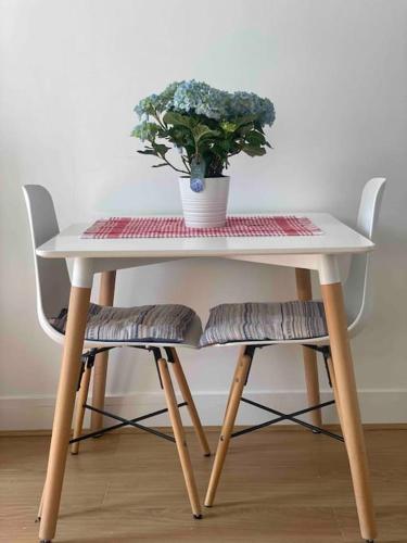 une table avec une plante en pot et deux chaises dans l'établissement Your Parisian Home 10 min walk from Eiffel Tower, à Paris