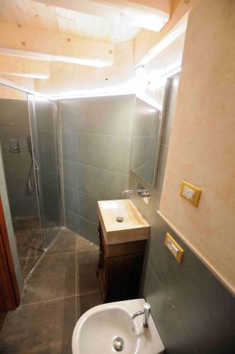 a bathroom with a sink and a shower at Chalet Pra Dell OSTIO Primiero San Martino di Castrozza in Fiera di Primiero