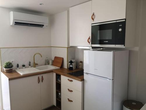 La cuisine est équipée d'un réfrigérateur blanc et d'un four micro-ondes. dans l'établissement Superbe studio rénové vue étangs, à Mauguio