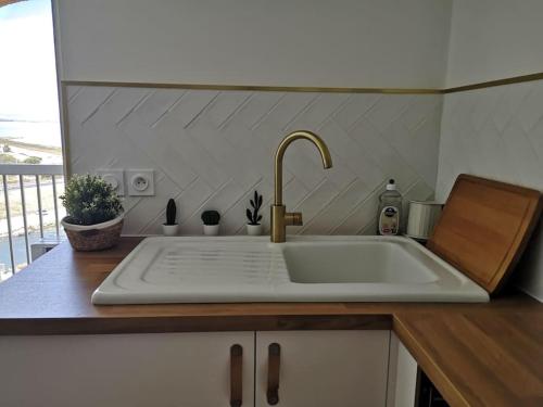 - un comptoir de cuisine avec évier et robinet dans l'établissement Superbe studio rénové vue étangs, à Mauguio