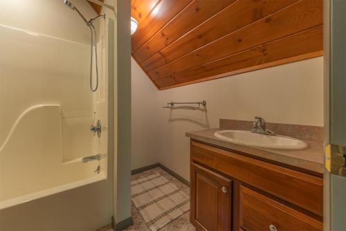 a bathroom with a sink and a shower at Nature lovers delight, private hot tub and a short walk to Lake MI in Fennville