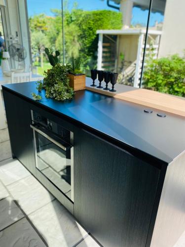 a kitchen with a blue counter top with plants on it at Jesolo Beach Villa in Lido di Jesolo