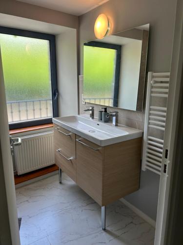 La salle de bains est pourvue d'un lavabo, d'un miroir et de 2 fenêtres. dans l'établissement Au Gré des Saisons - Vulcania & Lemptégy, à Pontgibaud